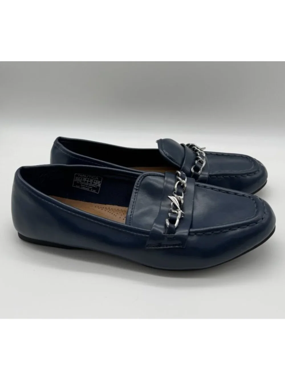 Nautica Lunara Womens 7 Navy Blue Loafers Silver Chain Slip On Comfort Driving